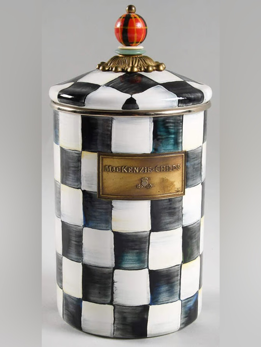 MACKENZIE-CHILDS | Vintage Large Courtly Check Enamel Canister w/ Tartan finial
